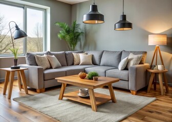 grey sectional sofa, rustic wooden coffee table, and modern floor lamp, perfectly placed for comfortable entertaining