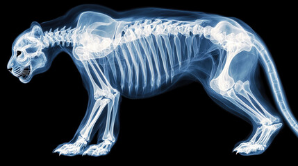 X ray image of tiger showcasing glowing skeleton, highlighting its intricate bone structure and anatomy. This striking visual emphasizes beauty of wildlife and complexity of animal physiology