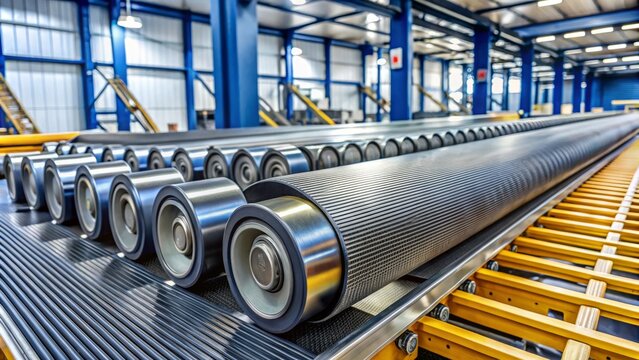 Heavy-duty industrial rubber conveyor belt wraps around steel rollers, showcasing textured surfaces and metallic