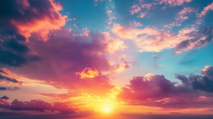 Fototapeta premium Vibrant Sunset Horizon, A stunning landscape showcasing a brilliant sunset merging with the horizon, filling the sky with rich colors and creating a serene atmosphere.