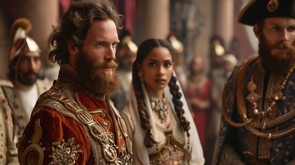 Obraz premium Group of people in historical costumes stand together, with a man in the foreground wearing a red and gold suit. The image has a serious and formal feel.