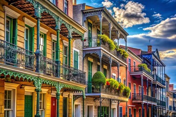 Fototapeta premium Historic 19th-century ornate facades with balconies, shutters, and ironwork adorn colorful buildings lining a charming