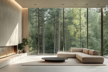 Fototapeta premium Beige living room interior with fireplace, sofa and coffee table near window with mirror.