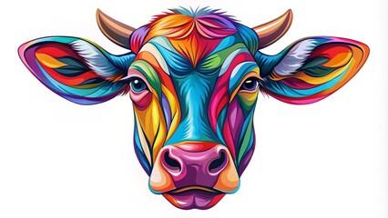 Naklejka premium Illustration of a stylized cow's head in bold lines and bright colors, featuring expressive eyes and a peaceful