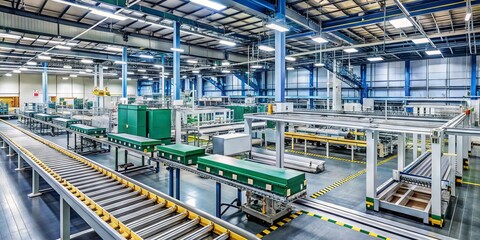 Industrial manufacturing facility with automated conveyor belt system, rows of machines, and components moving along