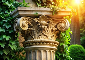 Naklejka premium Intricately carved ornate acanthus leaves adorn a classic stone column, surrounded by lush greenery and sunlight,