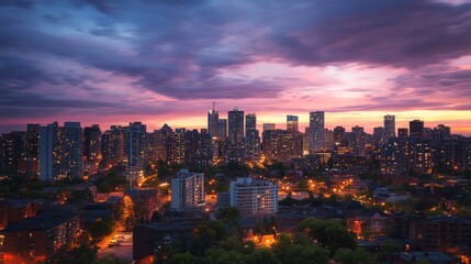 Fototapeta premium Dusk Cityscape, a captivating skyline emerges as twilight descends, buildings aglow with lights, set against a deepening sky, radiating vibrant urban energy.