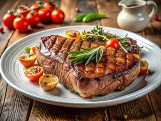 Juicy, grilled steak slice, cooked to perfection, with a crispy crust and tender interior, served on a elegant,