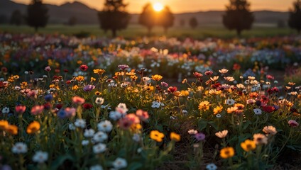 A field of wildflowers is depicted during sunset with trees on the horizon. 