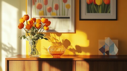 Mock Up of Fresh Orange and Yellow Blooms on a Wooden Sideboard Framed by Geometric Decor and Retro Glass Dish in a Cheerful Modern Space