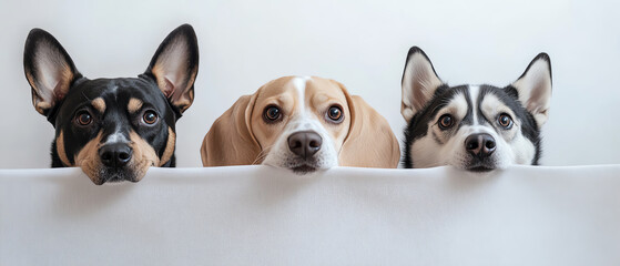 Obraz premium Three adorable dogs peeking over a white surface, expressive and curious eyes.