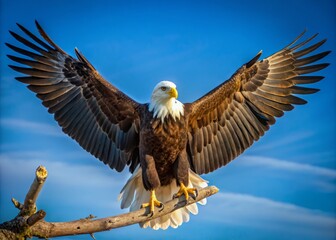 Majestic bald eagle perched on a tree branch, wings outstretched, with a proud expression, symbolizing freedom and