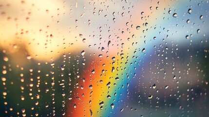 Vibrant Raindrops with Rainbow, a close-up view showcasing colorful droplets on a window, enhanced by a radiant rainbow, creating a warm and comforting atmosphere.