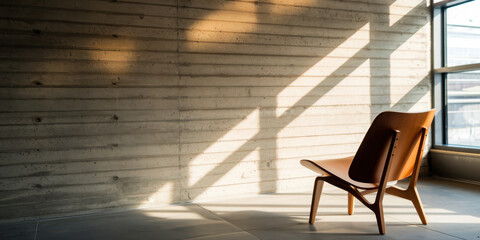 Modern wooden chair in a sunlit room with concrete walls and large windows.