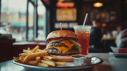 Delicious burger and fries served in a cozy diner on National Fast Food Day