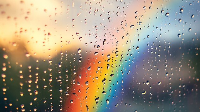 Vibrant Raindrops with Rainbow, a close-up view showcasing colorful droplets on a window, enhanced by a radiant rainbow, creating a warm and comforting atmosphere.