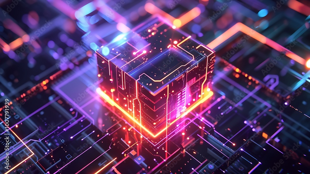 Poster 3d rendering of a digital cube with glowing neon lights, representing abstract technology and innova