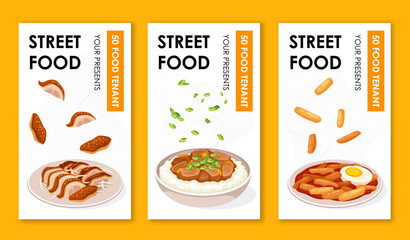 Street food flyers set. Bowls with meat, rice and potato with egg. Advertisung and marketing. Brochures with takeaway eating. Flat vector collection