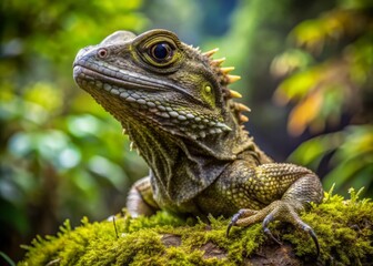 Fototapeta premium Majestic tuatara lizard, native to New Zealand, perches on a moss-covered rock, its spiky back and ancient, reptilian