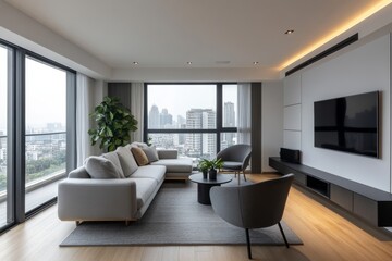 Fototapeta premium A minimalist modern living room with white walls, wooden floor and ceiling, gray armchairs near the window overlooking skyscrapers.
