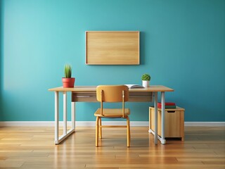 Minimalist illustration of a traditional classroom setup featuring a single wooden desk with chair, surrounded by empty