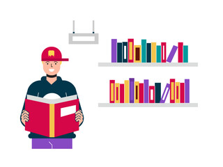 Student reading in the library. Campus illustrations. Flat vector illustration.