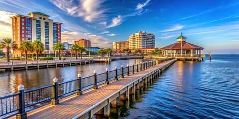 Downtown Palafox Pier in Pensacola, Florida with a vibrant waterfront scene, waterfront, pier, boardwalk, cityscape
