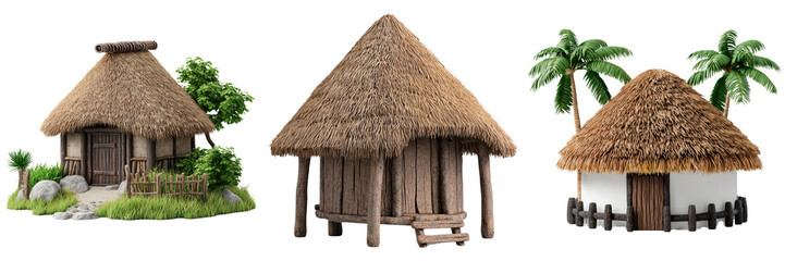 Traditional Thatched Roof Houses in Tropical Setting