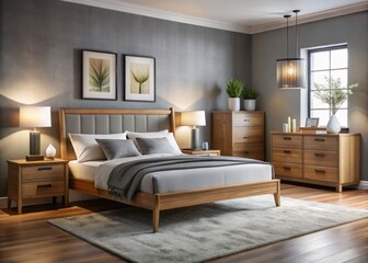 Modern bedroom furniture set with sleek wooden bed frame, stylish nightstands, and comfortable grey upholstery,