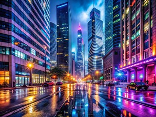 Fototapeta premium Modern cityscape with sleek skyscrapers, bustling streets, and neon lights reflecting off wet pavement, capturing the