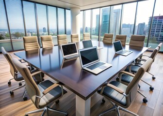 Modern conference room with laptop and tablet devices on the table, surrounded by empty chairs, symbolizing efficient