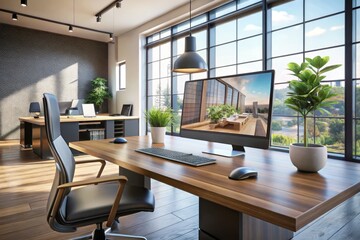 Modern computer workstation in a sleek office features a high-tech software interface displaying 3D models of stylish
