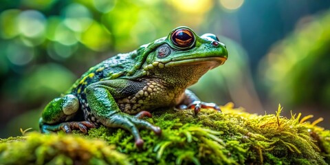Fototapeta premium Basking on a mossy stone, a bright green toad embodies tranquility in a lush forest, where sunlight dances