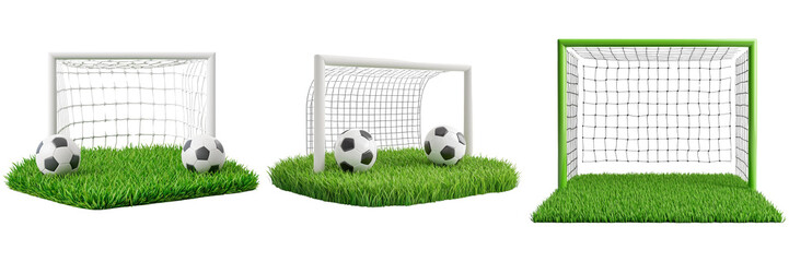 Miniature Soccer Goals with Balls on Grass Background