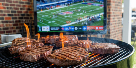 Juicy steaks grilling with a football game playing on a TV in the background.