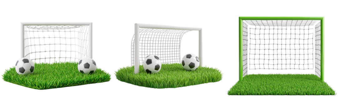 Miniature Soccer Goals with Balls on Grass Background