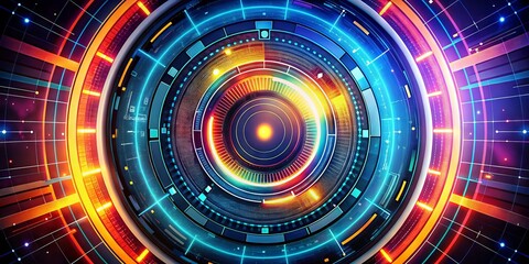 Modern digital artwork featuring a stylized circular emblem with bold fonts and vibrant colors, symbolizing innovation,