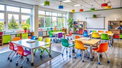 Modern elementary school classroom with vibrant colorful chairs, interactive whiteboard, and trendy decorations creates