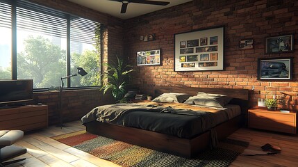 A loft bedroom with exposed brick, large windows, and a wooden floor, merging style and simplicity.