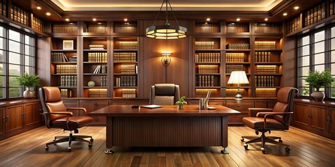 Modern law office interior features a sleek wooden desk, comfy leather chairs, and floor-to-ceiling bookshelves filled