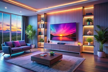 Modern living room interior with sleek 4K resolution display showcasing colorful entertainment interface, surrounded by