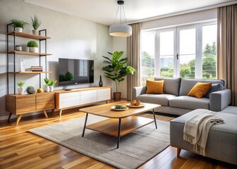 Fototapeta premium Modern living room with sleek, budget-friendly furniture, including a compact sofa, coffee table, and TV stand, in a