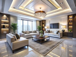 Fototapeta premium Modern living room with sleek, minimalist design featuring a high, white ceiling with subtle crown molding and recessed