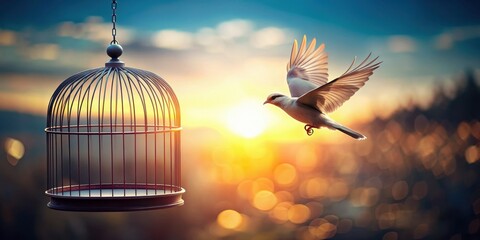 Flying bird escaping from a birdcage, symbolizing freedom and happiness, freedom, happiness, bird, cage, flying, escape