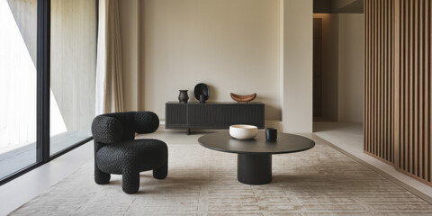 Modern minimalist living room with dark accent furniture and geometric design elements.