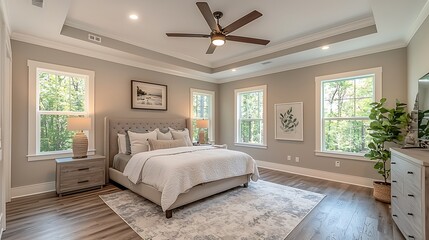 A master bedroom, its white bedding and large windows inviting light and air into the space.