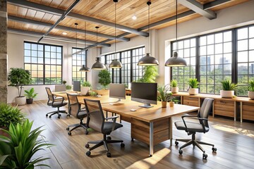 Modern minimalist shared workspace features sleek wooden desks, ergonomic chairs, and plenty of natural light pouring