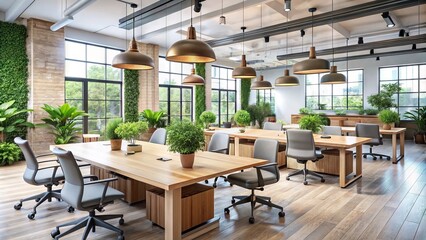 Modern minimalist shared workspace with sleek wooden tables, ergonomic chairs, and lush greenery, fostering creativity,
