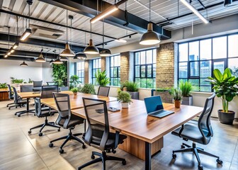 Modern shared office space filled with sleek desks, ergonomic chairs, and cutting-edge technology, fostering
