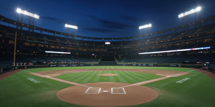 An empty baseball stadium under bright lights, showcasing a well-maintained field at dusk.